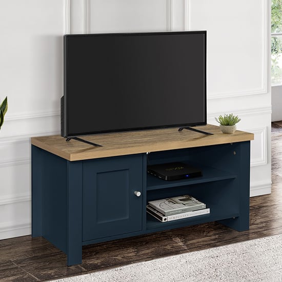 Read more about Highgate small wooden tv stand in navy blue and oak