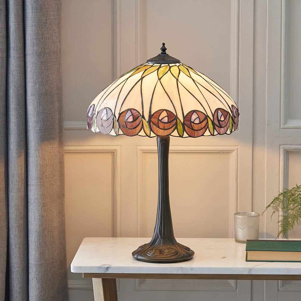 Product photograph of Hinton Tiffany Glass Table Lamp In Black And Multicolour from Furniture in Fashion