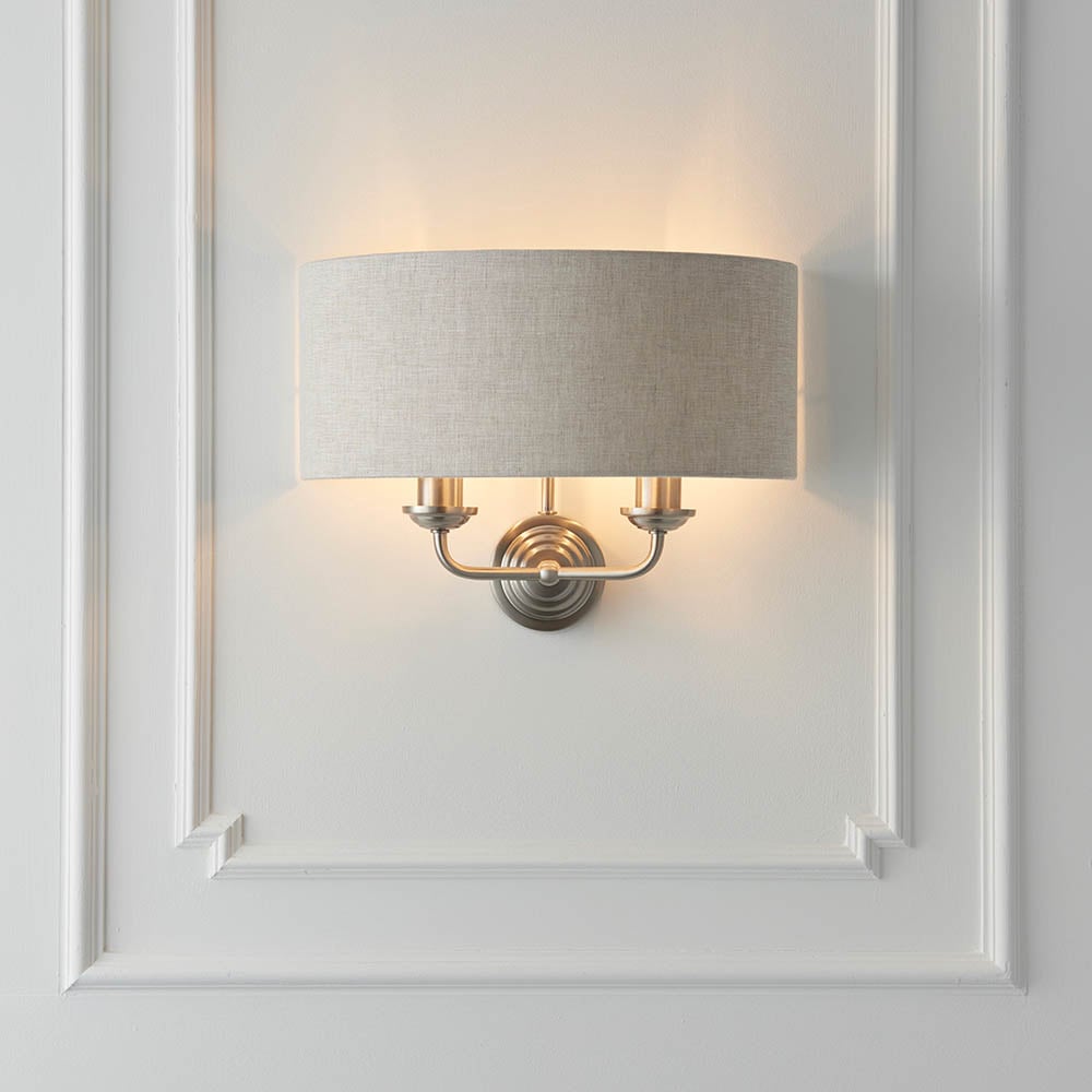 Product photograph of Hixson 2 Light Natural Fabric Wall Light In Brushed Chrome from Furniture in Fashion