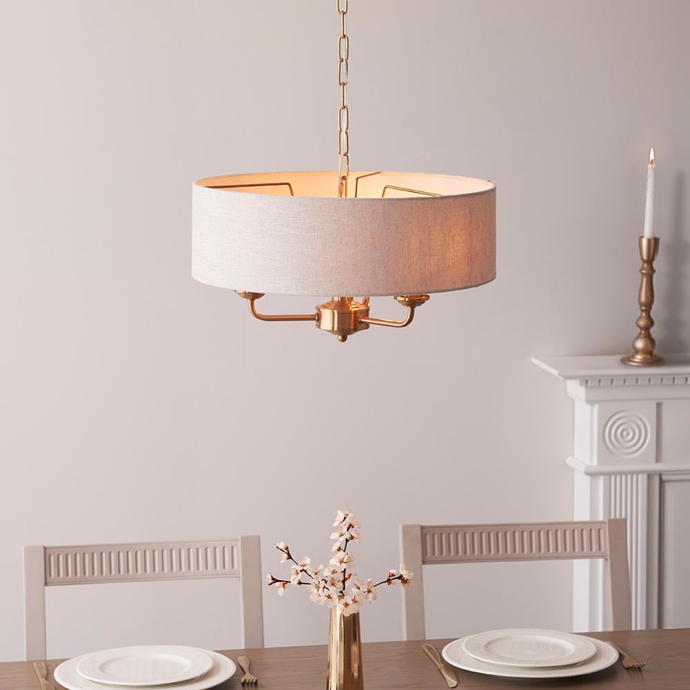 Product photograph of Hixson 3 Light Natural Fabric Pendant Ceiling Light In Brass from Furniture in Fashion