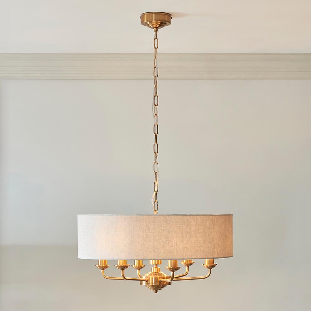 Product photograph of Hixson 6 Light Natural Fabric Pendant Ceiling Light In Brass from Furniture in Fashion