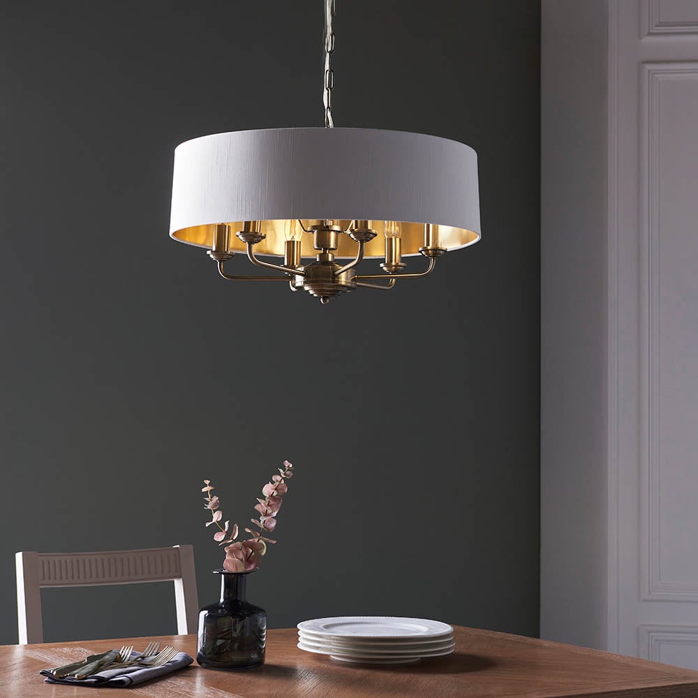 Product photograph of Hixson 6 Light White Fabric Pendant Ceiling Light In Brass from Furniture in Fashion