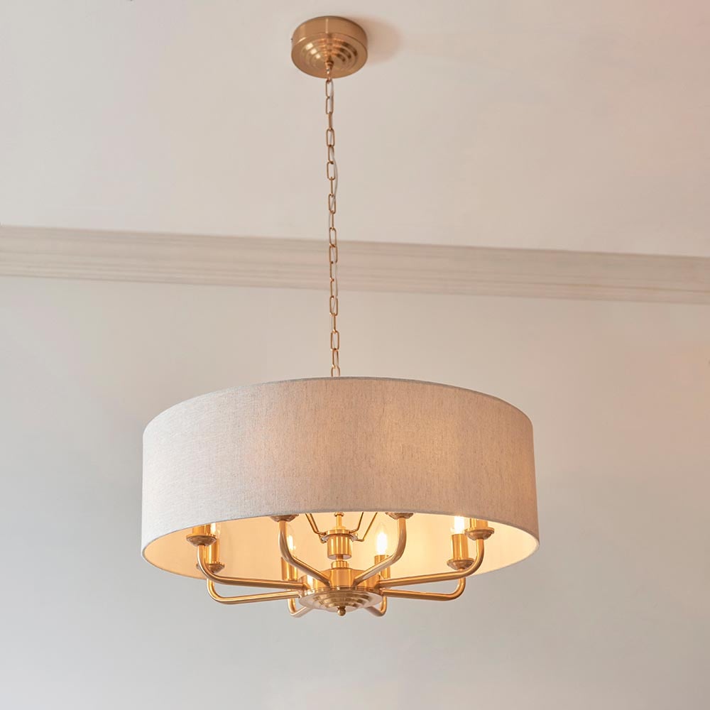 Product photograph of Hixson 8 Light Natural Fabric Pendant Ceiling Light In Brass from Furniture in Fashion