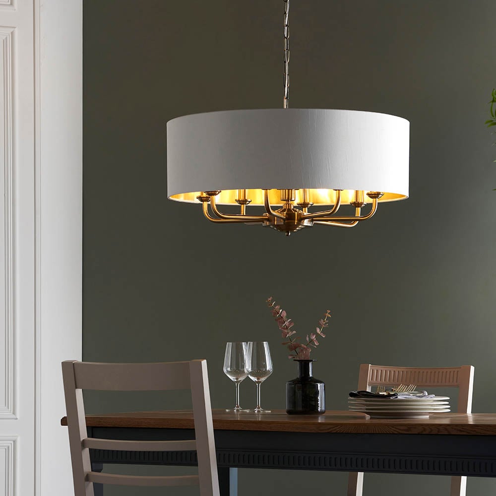 Product photograph of Hixson 8 Light White Fabric Pendant Ceiling Light In Brass from Furniture in Fashion