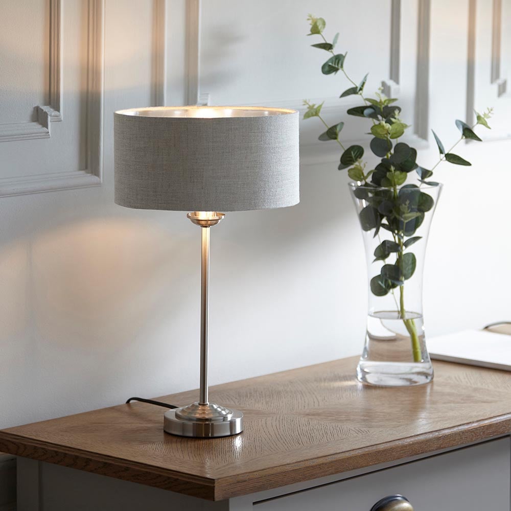 Product photograph of Hixson Natural Fabric Shade Table Lamp In Brushed Chrome from Furniture in Fashion