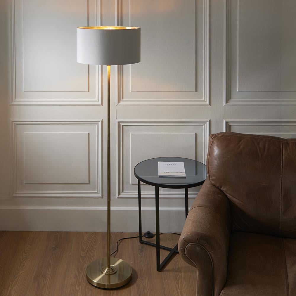 Product photograph of Hixson White Fabric Shade Floor Lamp In Antique Brass from Furniture in Fashion