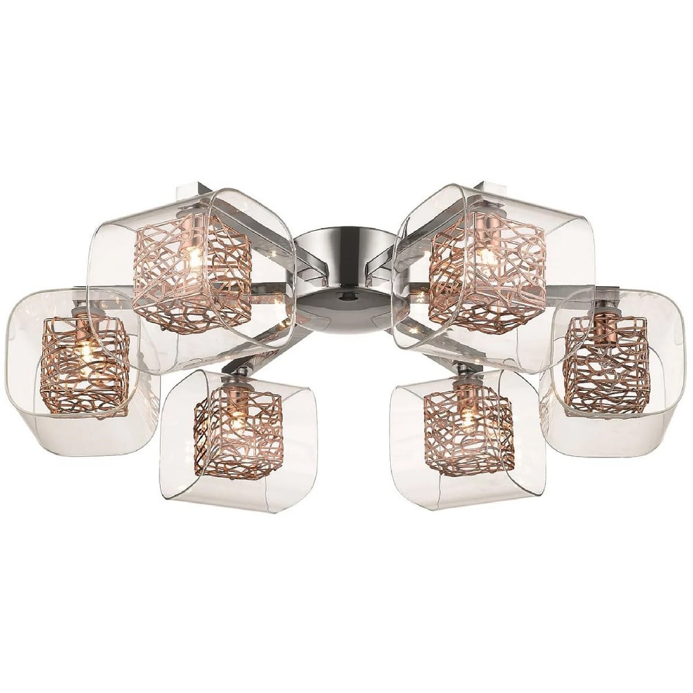 Product photograph of Holland 6 Light Clear Glass Flush Light In Copper And Chrome from Furniture in Fashion