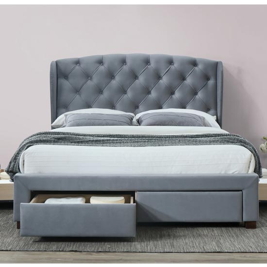 Hope Fabric Double Bed In Grey Velvet | Furniture in Fashion