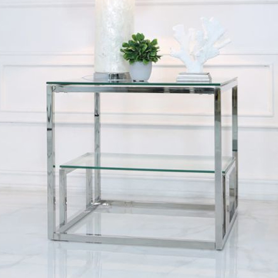 Product photograph of Huron Clear Glass End Table With 1 Shelf In Shiny Chrome Frame from Furniture in Fashion