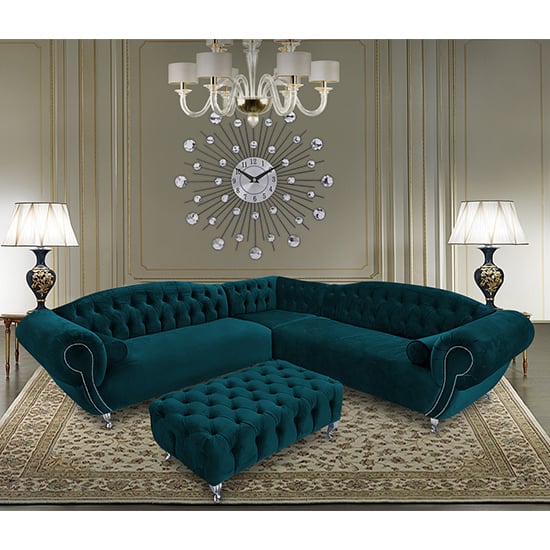 Product photograph of Huron Malta Plush Velour Fabric Corner Sofa In Emerald from Furniture in Fashion