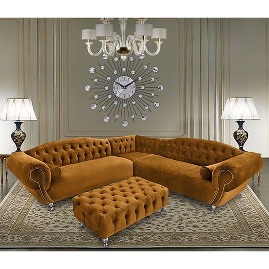 Photo of Huron malta plush velour fabric corner sofa in gold