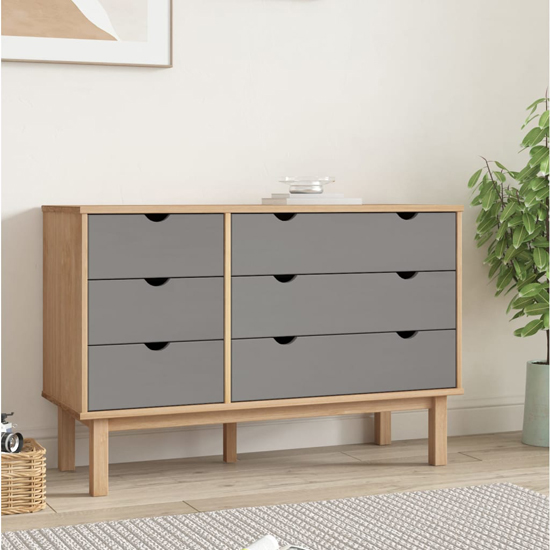 Read more about Ieva solid pine wood wide chest of 6 drawers in brown and grey