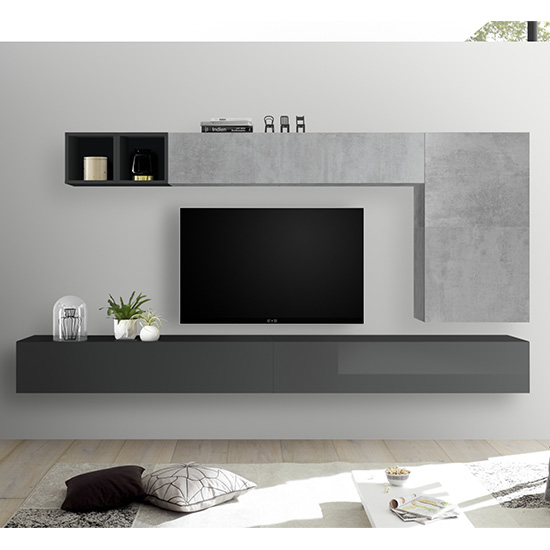 Read more about Infra wall entertainment unit in grey gloss and cement effect