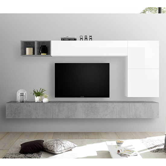 Read more about Infra wall entertainment unit in cement effect and white gloss