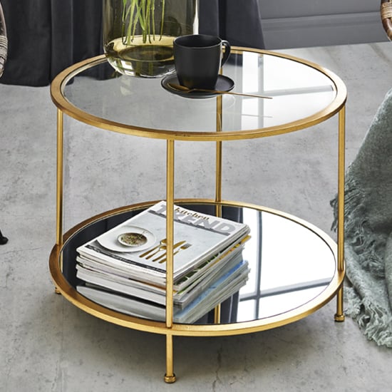 View Inman round mirrored glass coffee table in gold with undershelf