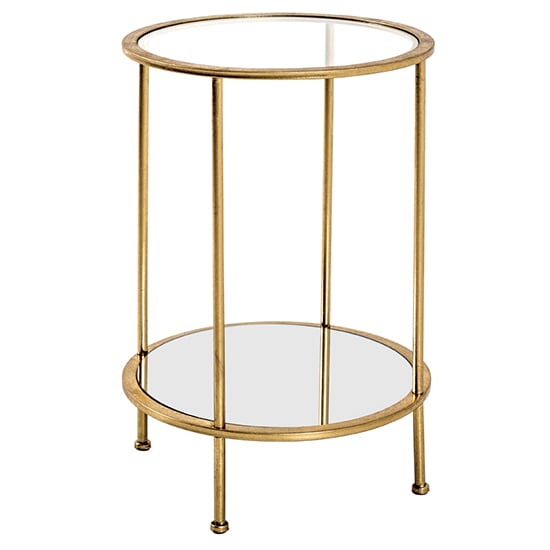 Read more about Inman round mirrored glass side table in gold with undershelf
