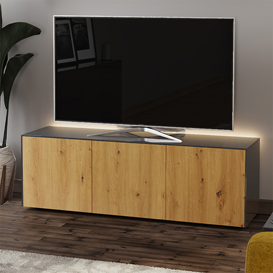 Product photograph of Intel Large Led Tv Stand In Grey And Oak With Wireless Charging from Furniture in Fashion
