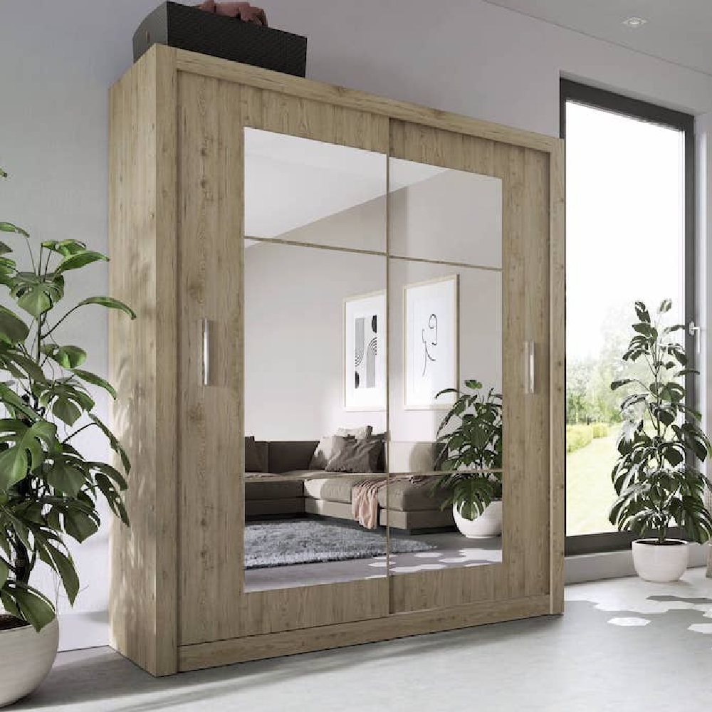 ionia mirrored wardrobe with 2 sliding doors in san remo oak