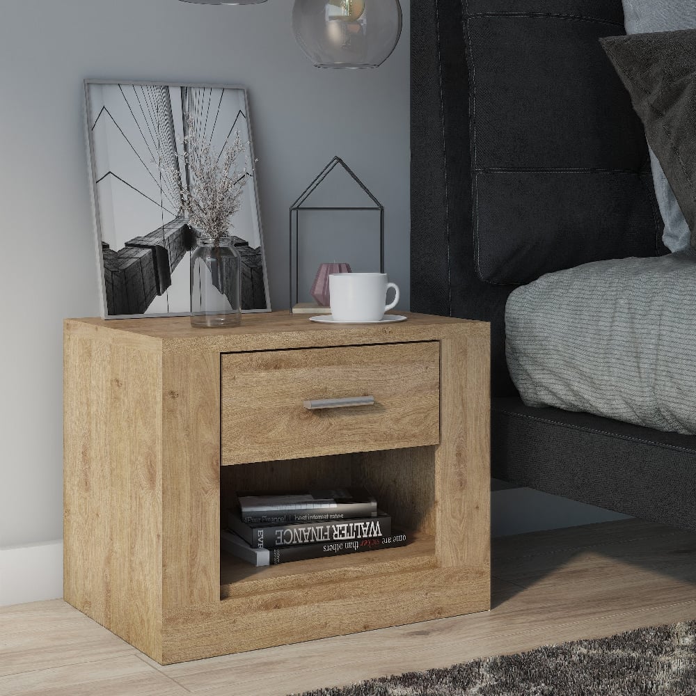 ionia wooden bedside cabinet with 1 drawer in artisan oak