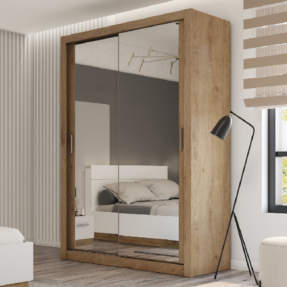 ionia wooden wardrobe 150cm with 2 sliding doors in shetland oak