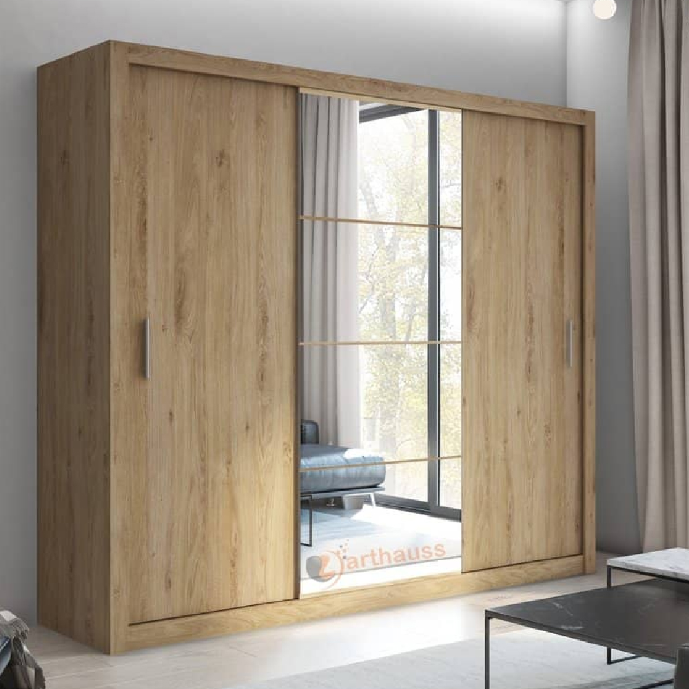 ionia wooden wardrobe with 3 sliding doors in shetland oak