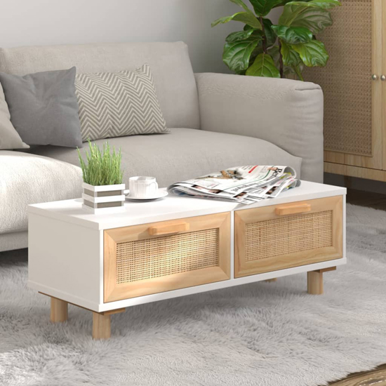 Product photograph of Alfy Coffee Table With 2 Drawers In White And Natural Rattan from Furniture in Fashion