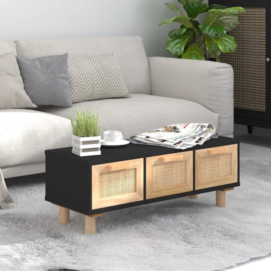 Read more about Alfy coffee table with 3 drawers in black and natural rattan