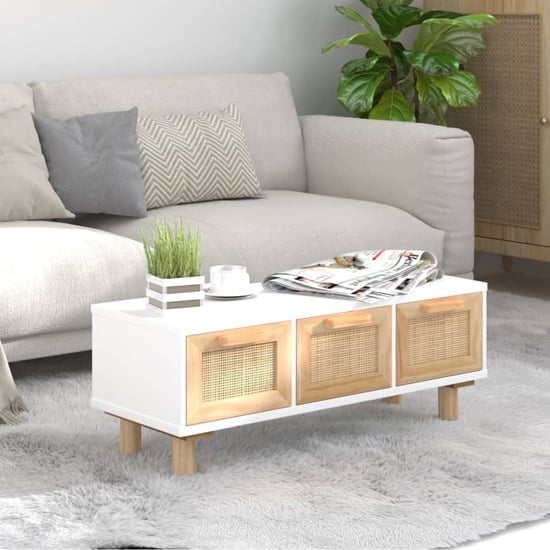 Read more about Alfy coffee table with 3 drawers in white and natural rattan