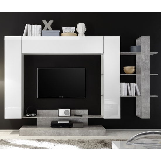 Read more about Iris large entertainment unit in white gloss and cement effect