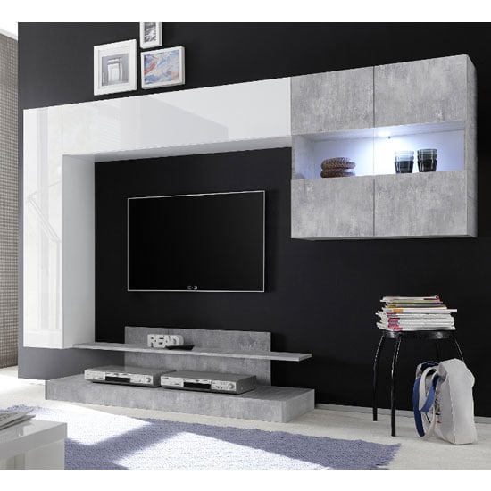 Read more about Iris wall entertainment unit in white gloss and cement effect