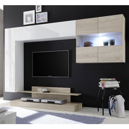 Read more about Iris wall entertainment unit in white high gloss and samoa oak