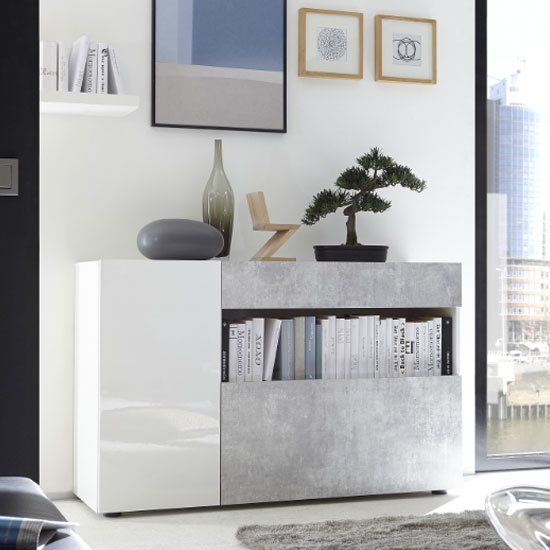 Product photograph of Iris Wooden Sideboard In White High Gloss And Cement Effect from Furniture in Fashion
