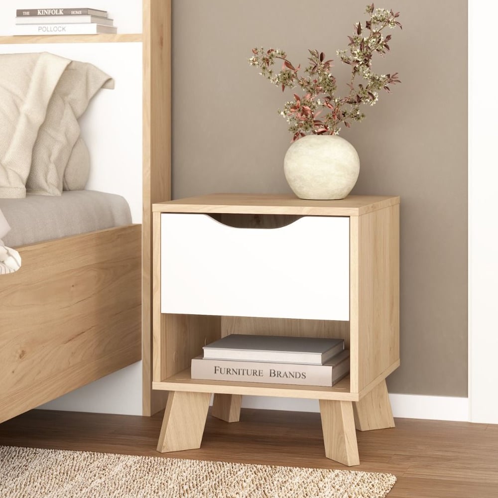 Product photograph of Irvine Wooden Bedside Cabinet With 1 Door In Oak And White from Furniture in Fashion