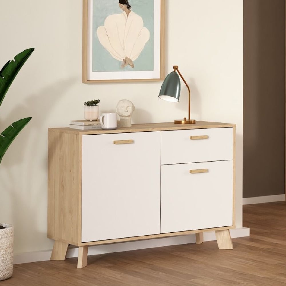 Product photograph of Irvine Wooden Sideboard With 2 Doors 1 Drawer In Oak And White from Furniture in Fashion