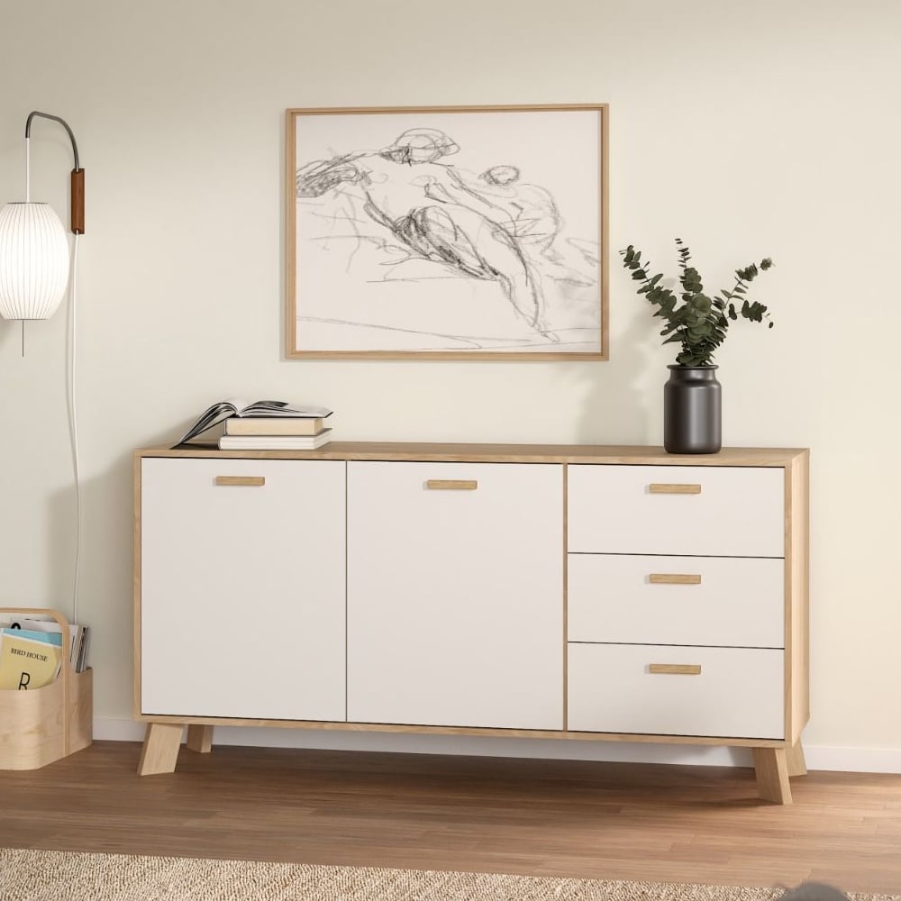 Product photograph of Irvine Wooden Sideboard With 2 Doors 3 Drawers In Oak And White from Furniture in Fashion