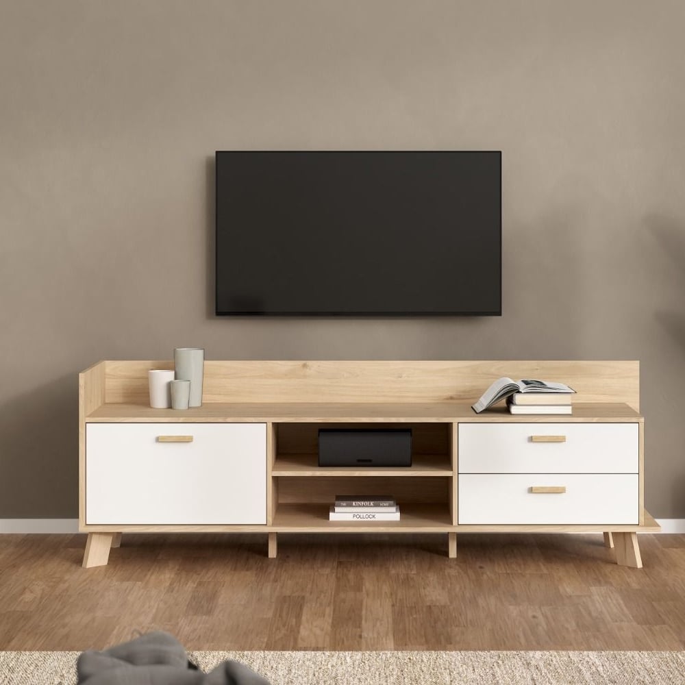 irvine wooden tv stand with 1 door 2 drawers in oak and white