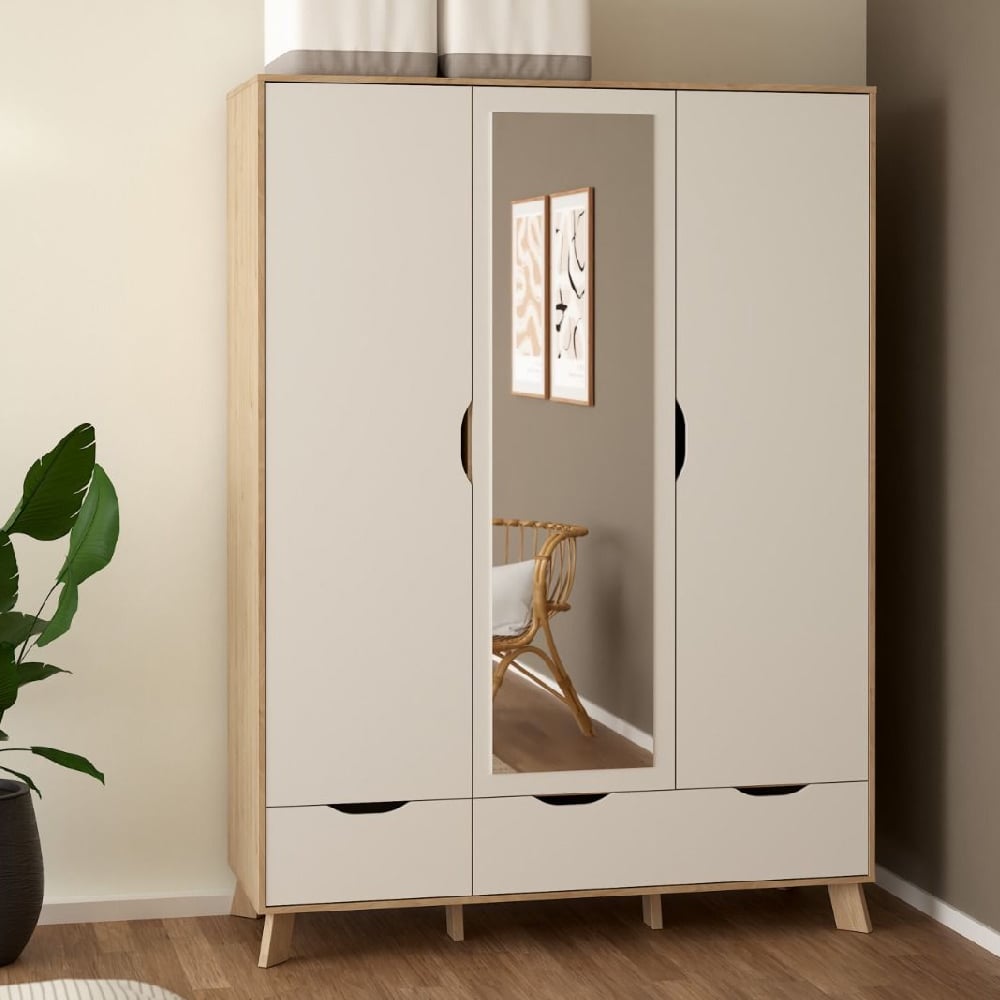 Product photograph of Irvine Wooden Wardrobe With 3 Doors 2 Drawers In Oak And White from Furniture in Fashion