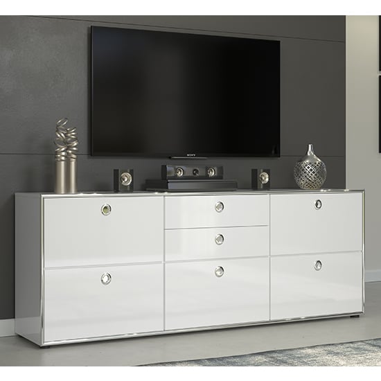 Read more about Isna high gloss tv sideboard with 5 doors 2 drawers in white