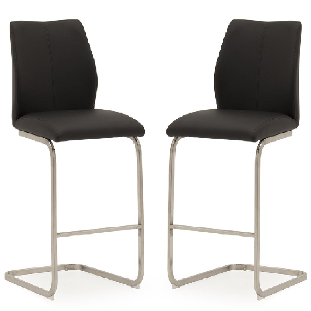 Product photograph of Ithaca Black Faux Leather Bar Chairs With Chrome Base In Pair from Furniture in Fashion