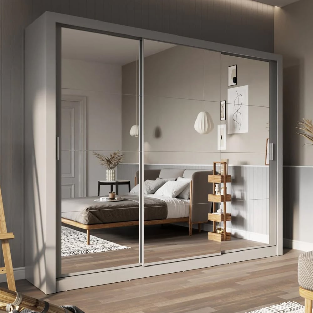 ithaca mirrored wardrobe with 3 sliding doors in grey