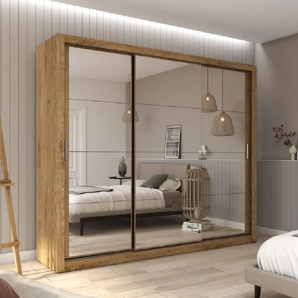 ithaca mirrored wardrobe with 3 sliding doors in oak shetland