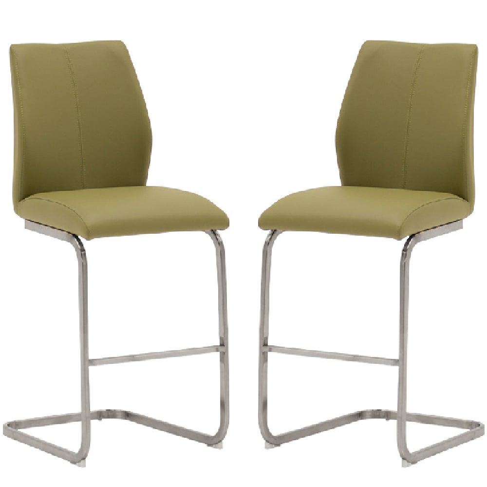 Product photograph of Ithaca Olive Faux Leather Bar Stools With Chrome Base In Pair from Furniture in Fashion