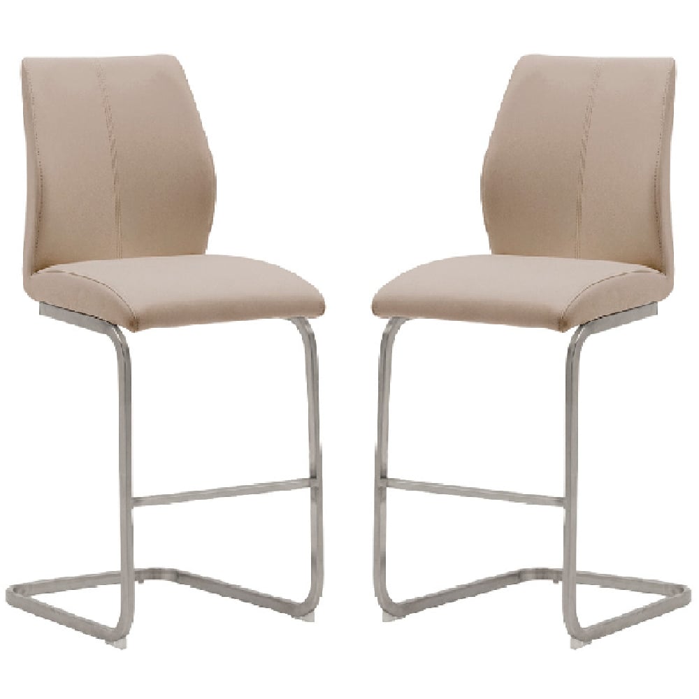 ithaca taupe faux leather bar stools with chrome base in pair