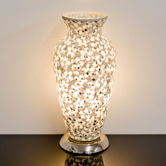 Product photograph of Izar Medium White Flower Design Mosaic Glass Vase Table Lamp from Furniture in Fashion