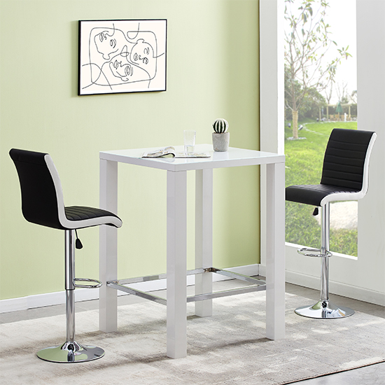 Photo of Jam square glass white gloss bar table 2 ritz black white stool