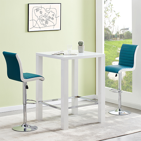 Photo of Jam square glass white gloss bar table 2 ritz teal white stools