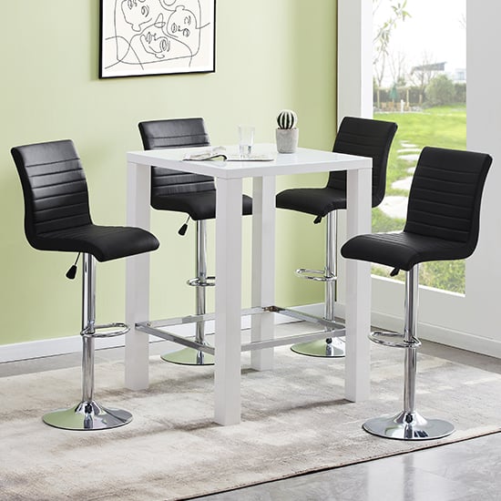 Photo of Jam square glass white gloss bar table 4 ripple black stools