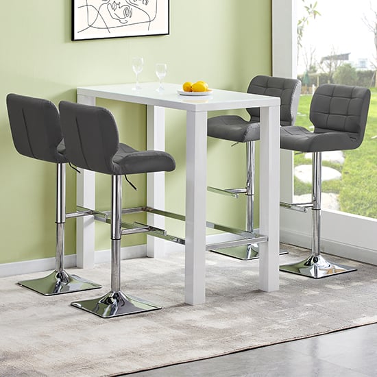 Photo of Jam rectangular glass white bar table 4 candid grey stools