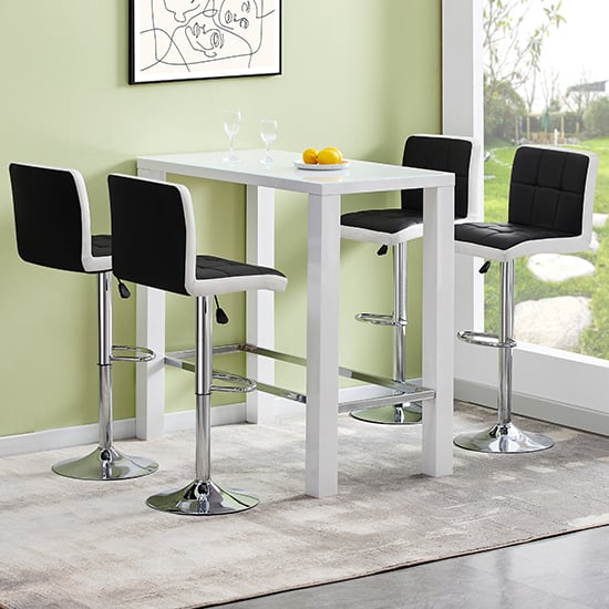 Photo of Jam rectangular glass white bar table 4 copez black stools
