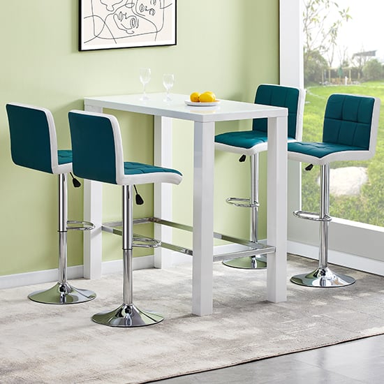 Photo of Jam rectangular glass white bar table 4 copez teal stools